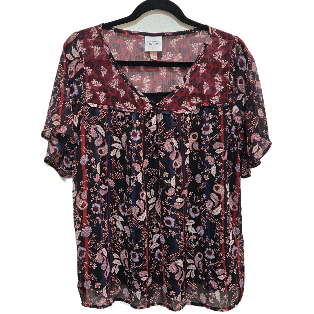 KNOX ROSE Sheer Floral Paisley Bohemian Blouse Burgundy Black Blouse Size Medium